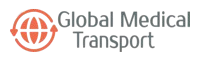 Logo of Global Medical Transport featuring a stylized globe and medical cross, symbolizing international healthcare services.