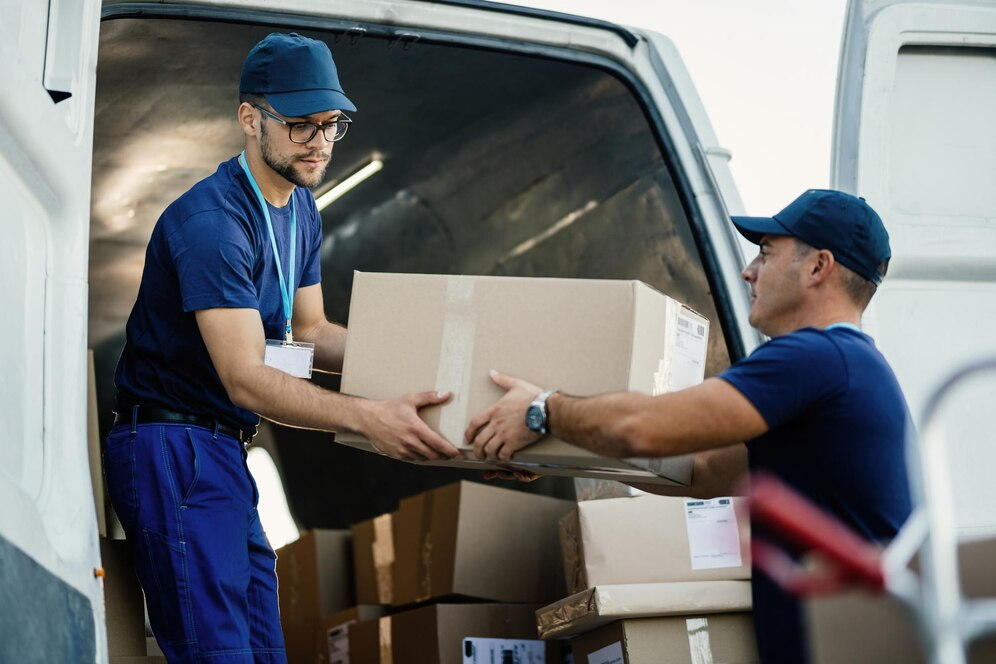Two men in blue shirts and hats are loading boxes into a van in a busy outdoor setting