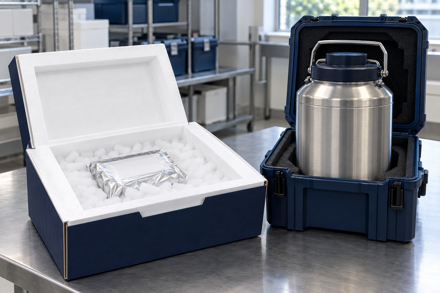 Illustration : contenant dry ice et dry shipper cryogénique