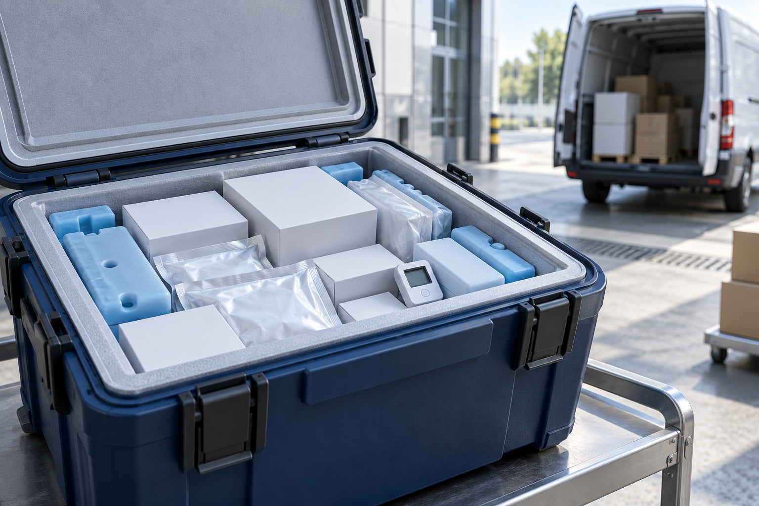 Illustration : réactifs et kits conditionnés dans un contenant de transport avec suivi thermique